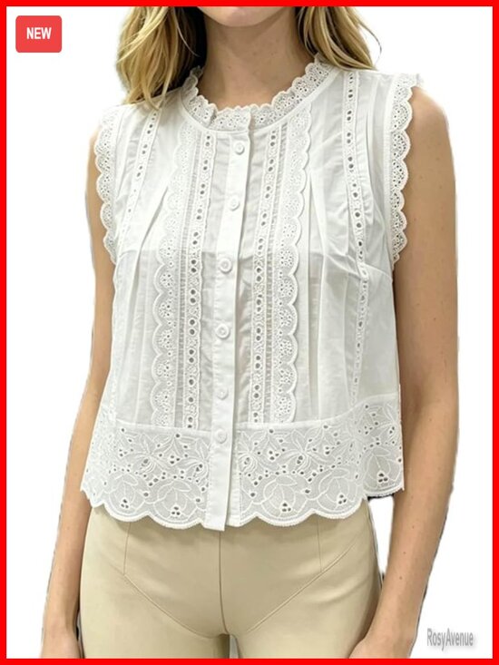 Tops - Women's Eyelet Lace Trim Sleeveless Boho Babydoll Top Cropped A-Line Flowy Tank